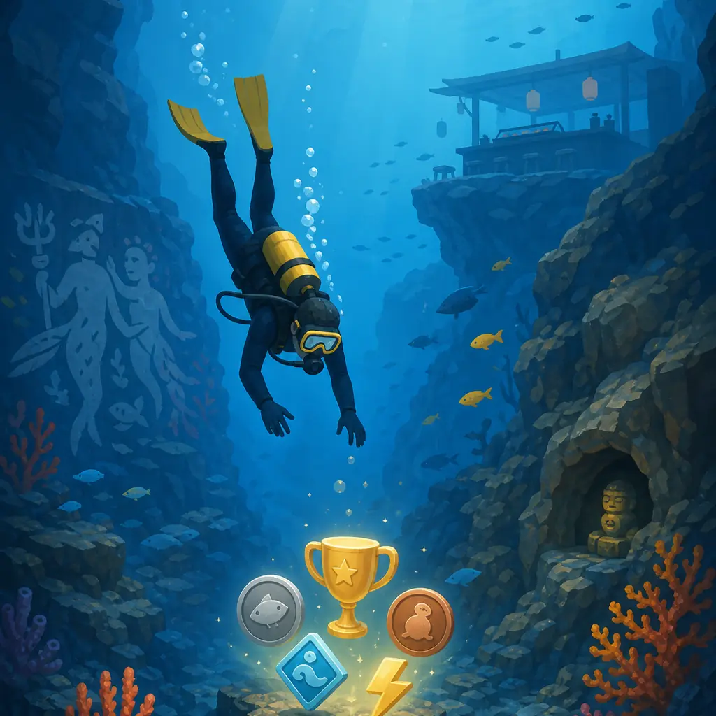 KI-unterstützte redaktionelle Illustration von Dave the Diver auf dem Weg zu Erfolgssymbolen im Blue Hole