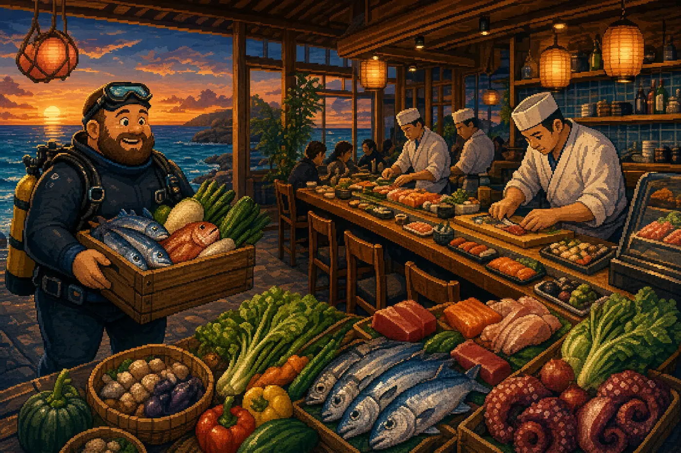 Redaktionelle Illustration eines Tauchers mit Fisch und Gemüse vor einem Sushi-Restaurant