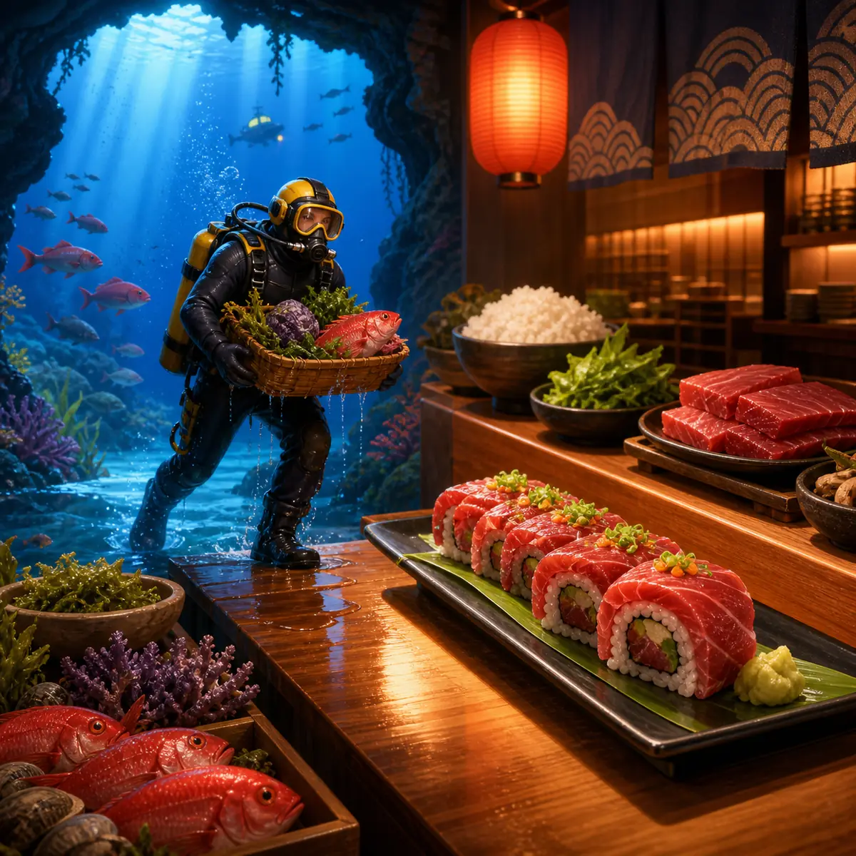 Ilustración editorial de ingredientes de Crimson Fish Roll que pasan del Blue Hole a Bancho Sushi