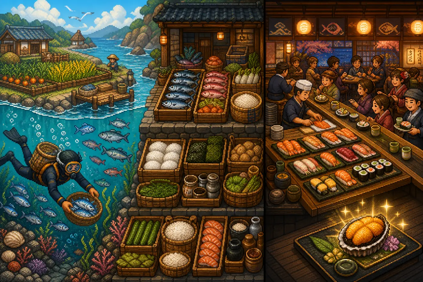 Redaktionelle Illustration von Tauchen, Farm, Lager und Sushi-Service
