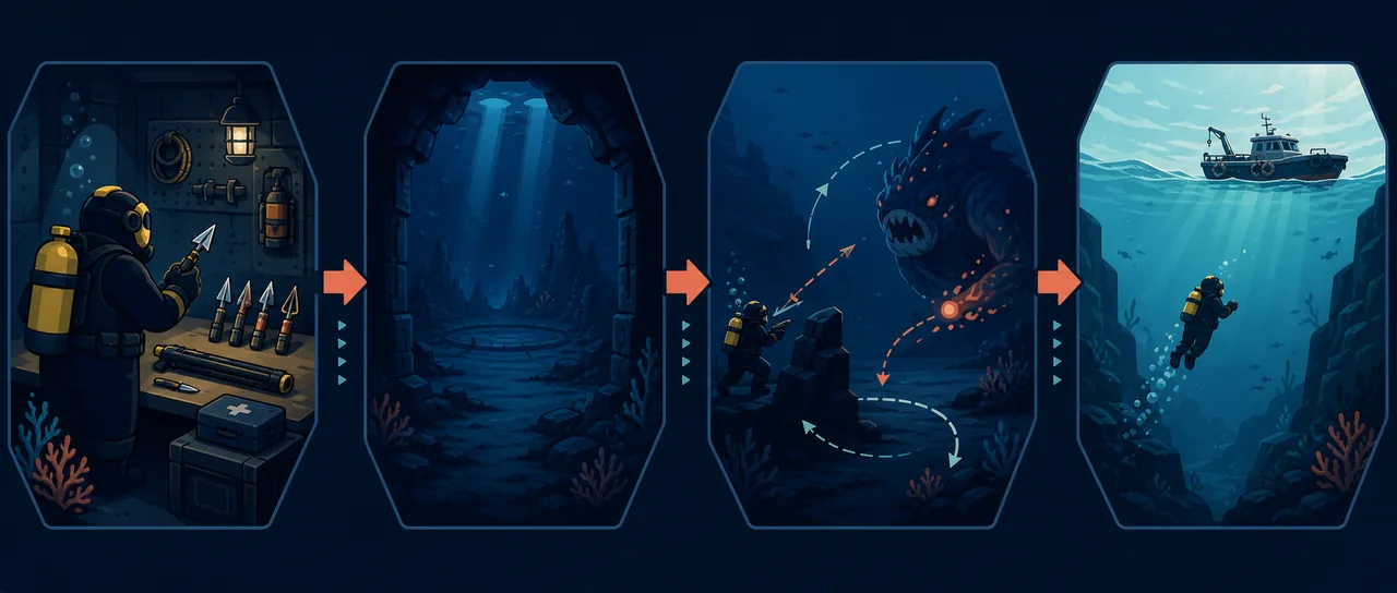 Editorial four-panel diagram showing preparation, arena entry, distance and cover, and a safe return from a boss fight