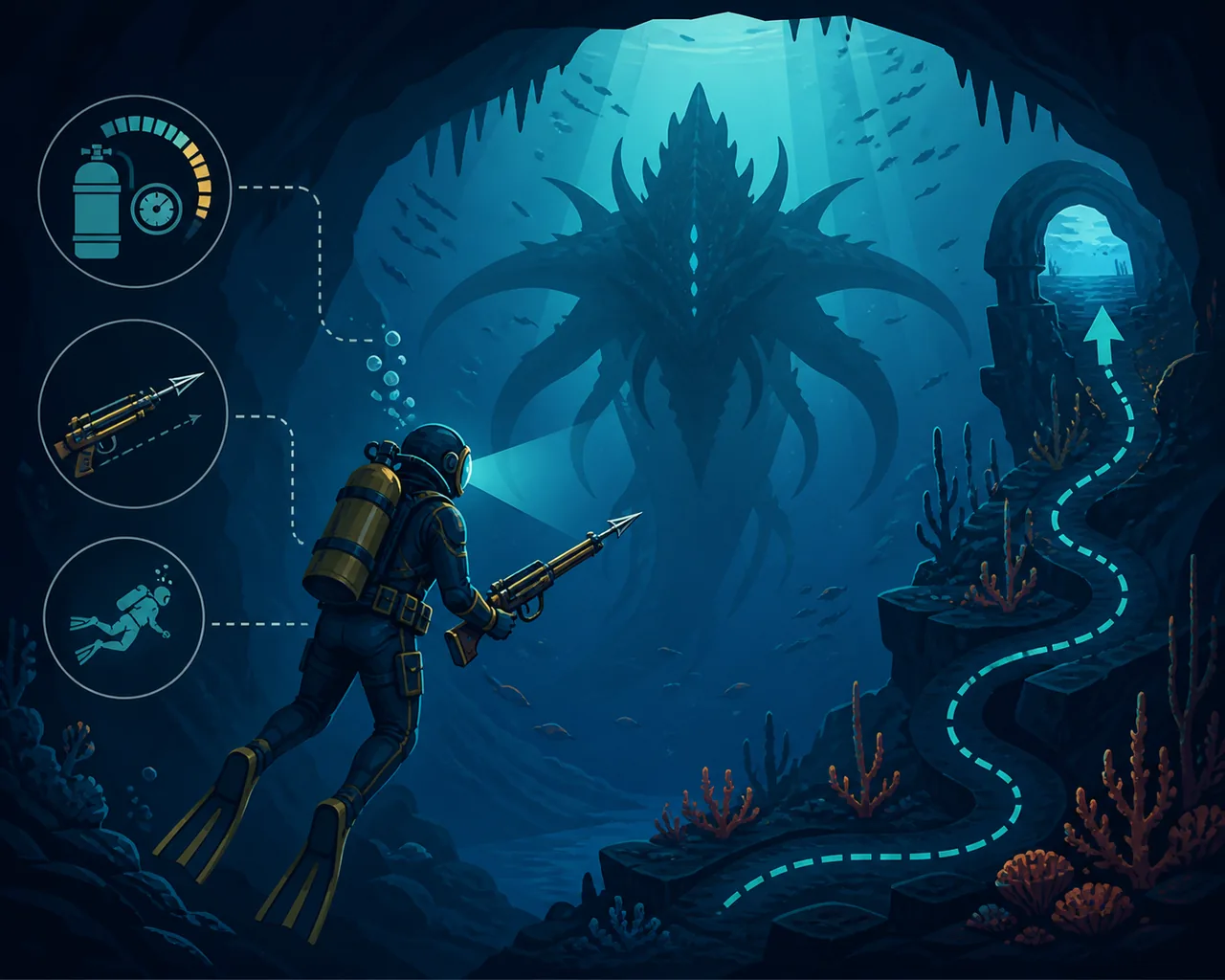 Editorial illustration of a Dave the Diver-style boss encounter with oxygen, ranged weapon, and escape-route symbols