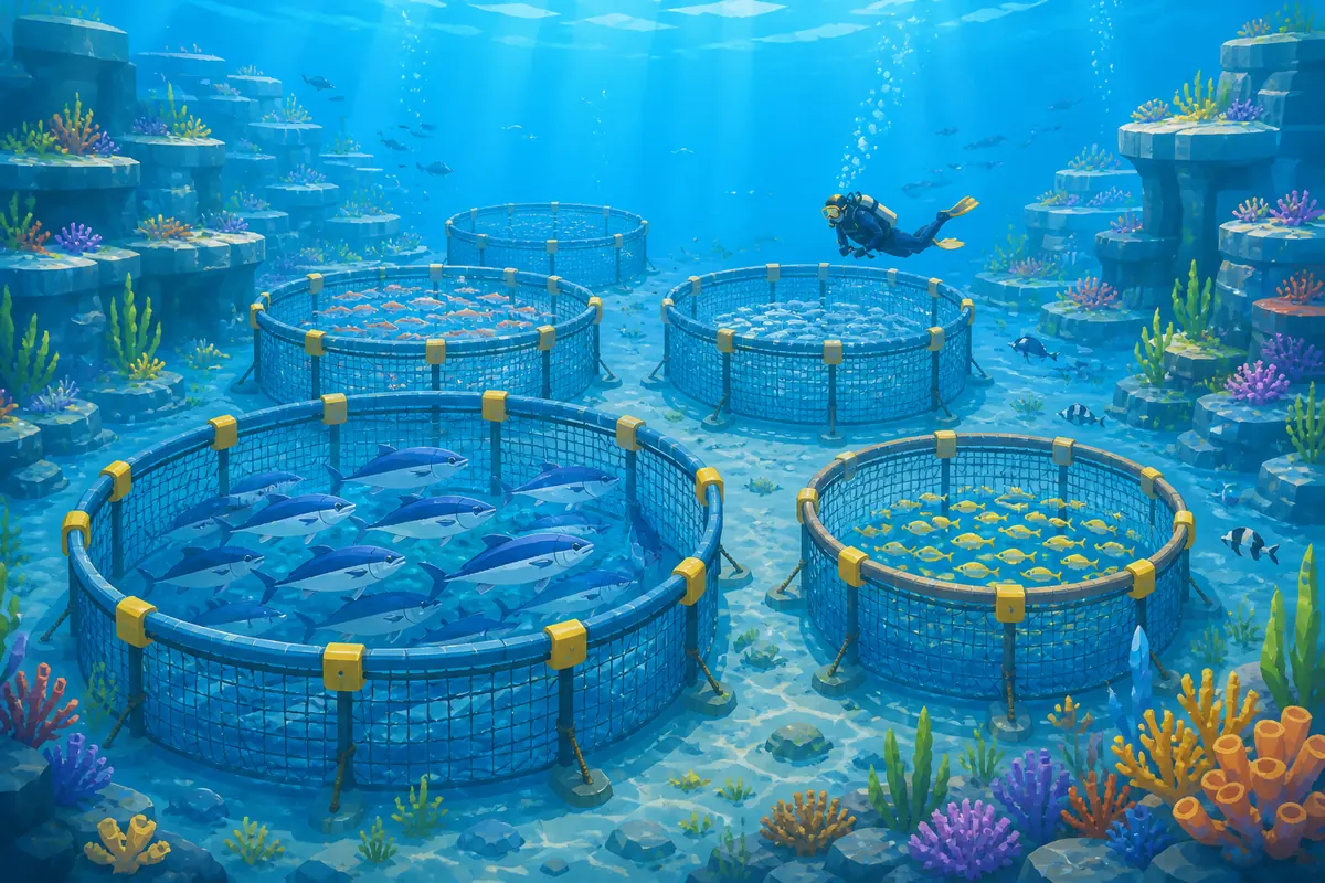 Ilustração conceitual editorial de tanques de peixes submersos para um guia de Dave the Diver