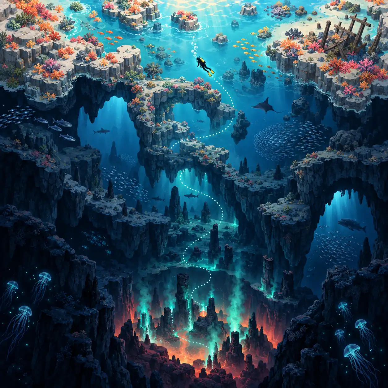 Illustrazione editoriale di una mappa del Blue Hole di Dave the Diver con un subacqueo tra più profondità