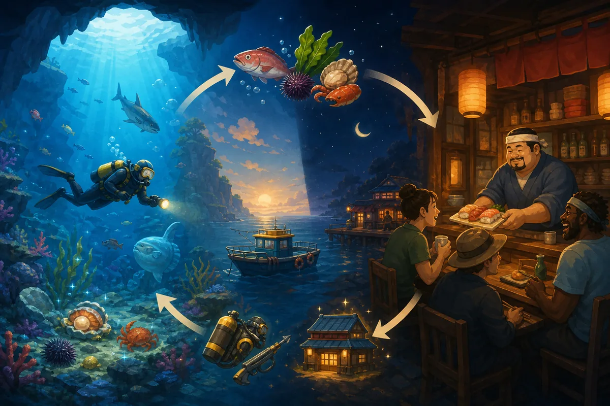 Illustration éditoriale de la boucle de Dave the Diver entre plongée, sushi et améliorations